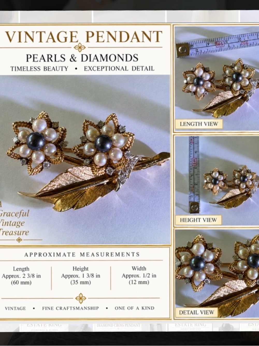 14K solid gold Floral Pearl Brooch with Center Dark Pearl Accent